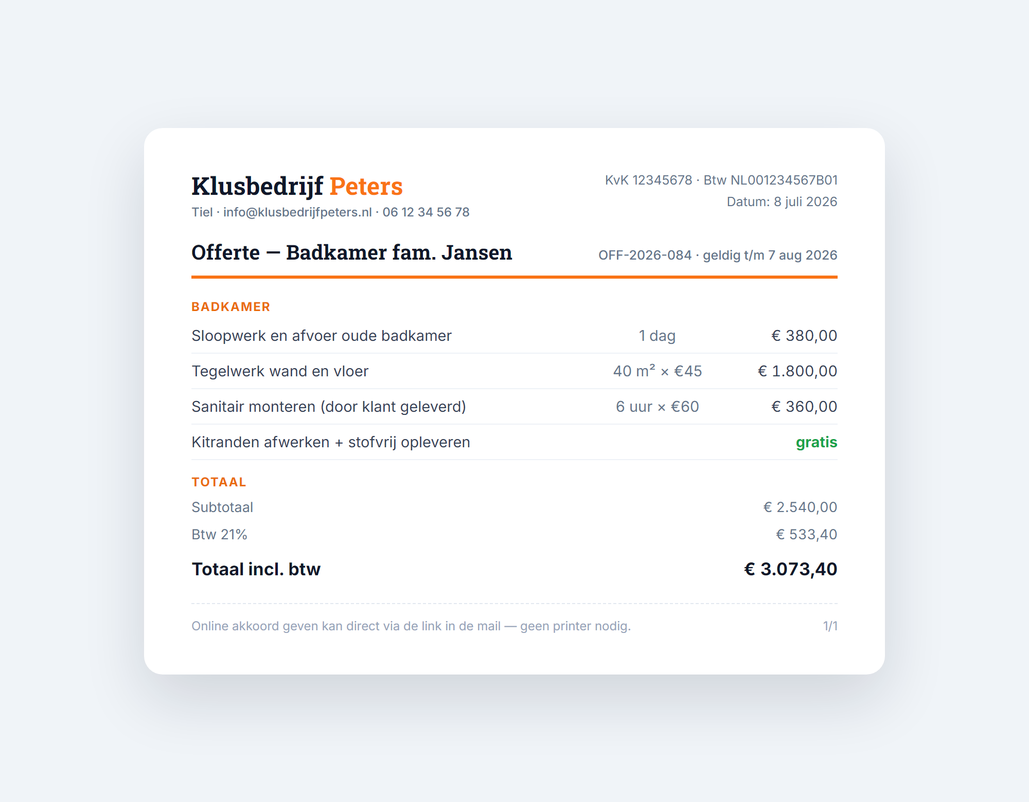 Voorbeeld van een offerte met duidelijke regels, tussenkopjes en totalen